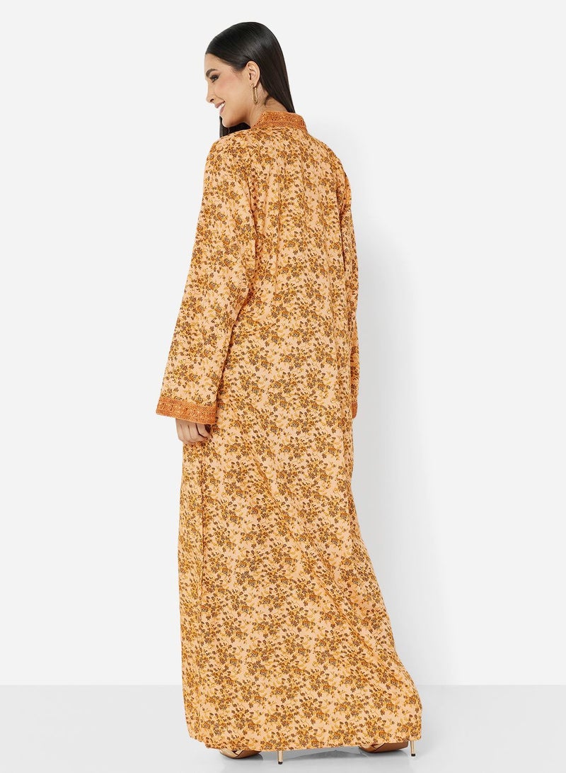 FLORAL PRINTED JALABIYA WITH UNIQUE THREAD EMBROIDERY