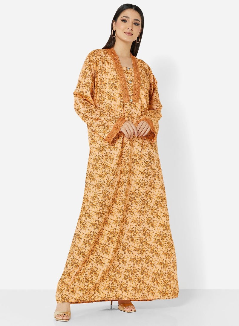 FLORAL PRINTED JALABIYA WITH UNIQUE THREAD EMBROIDERY