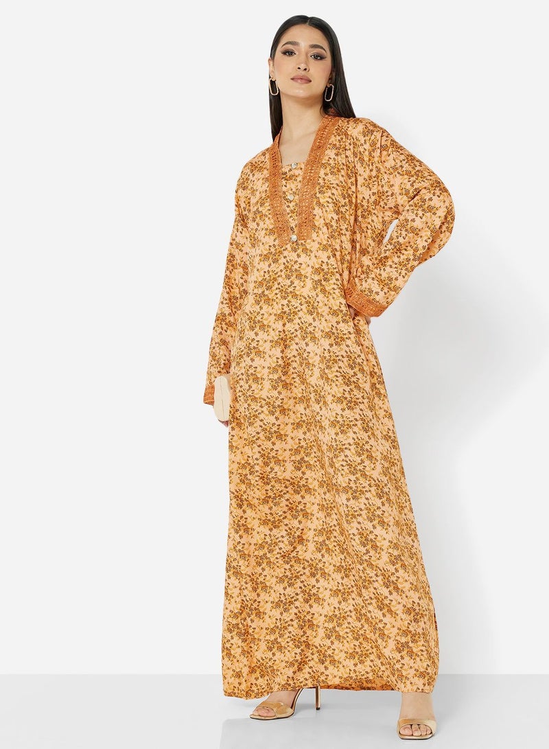 FLORAL PRINTED JALABIYA WITH UNIQUE THREAD EMBROIDERY