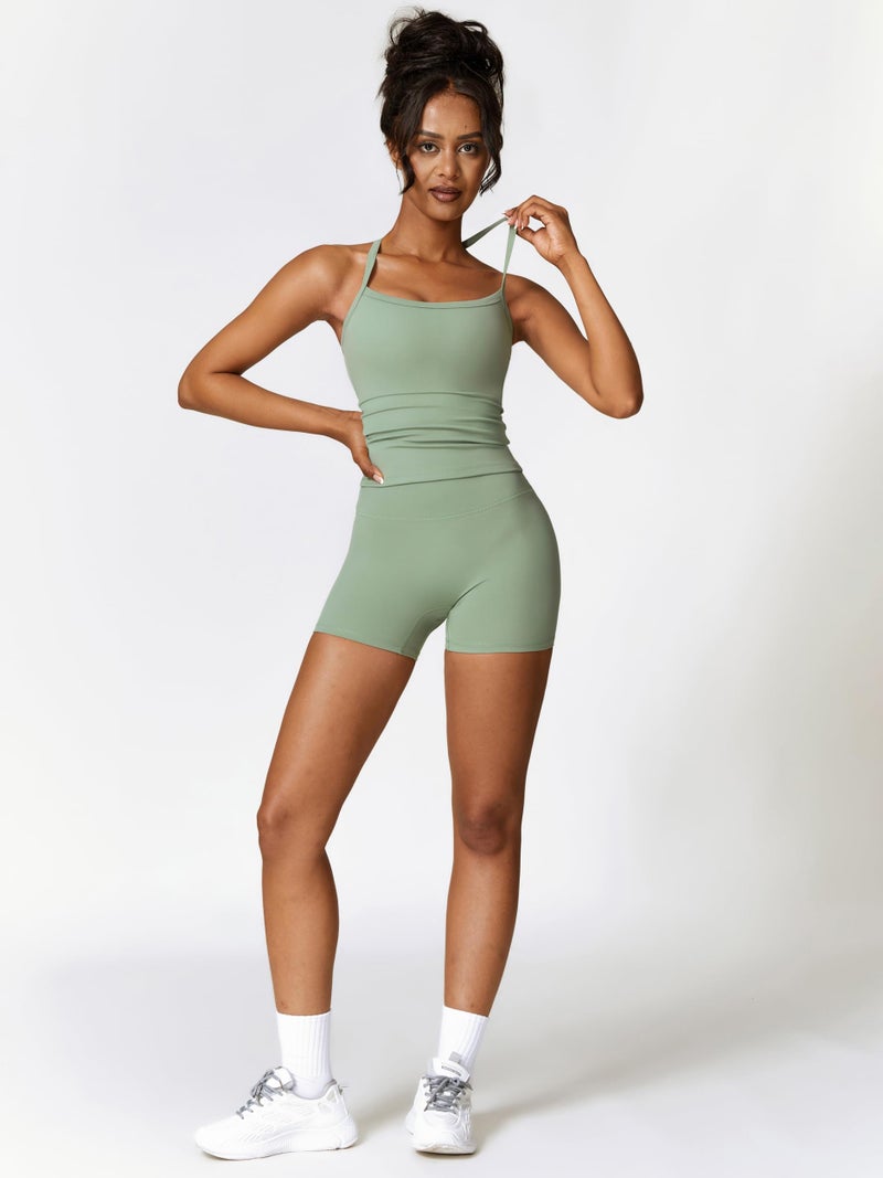 ABOCIW Workout Sets for Women Padded Sports Bra Tank Tops High Waist Booty Shorts Gym Yoga Active Wear Outfits Green Large - Image 3