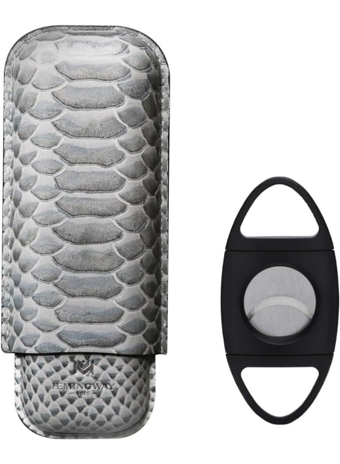 Hemingway Premium Leather Cigar Case with Cutter – Exotic Snake Print Grey Finish, Hold 2 Units, Portable Travel Case, Protective Storage, Elegant Gift for Men - Image 1