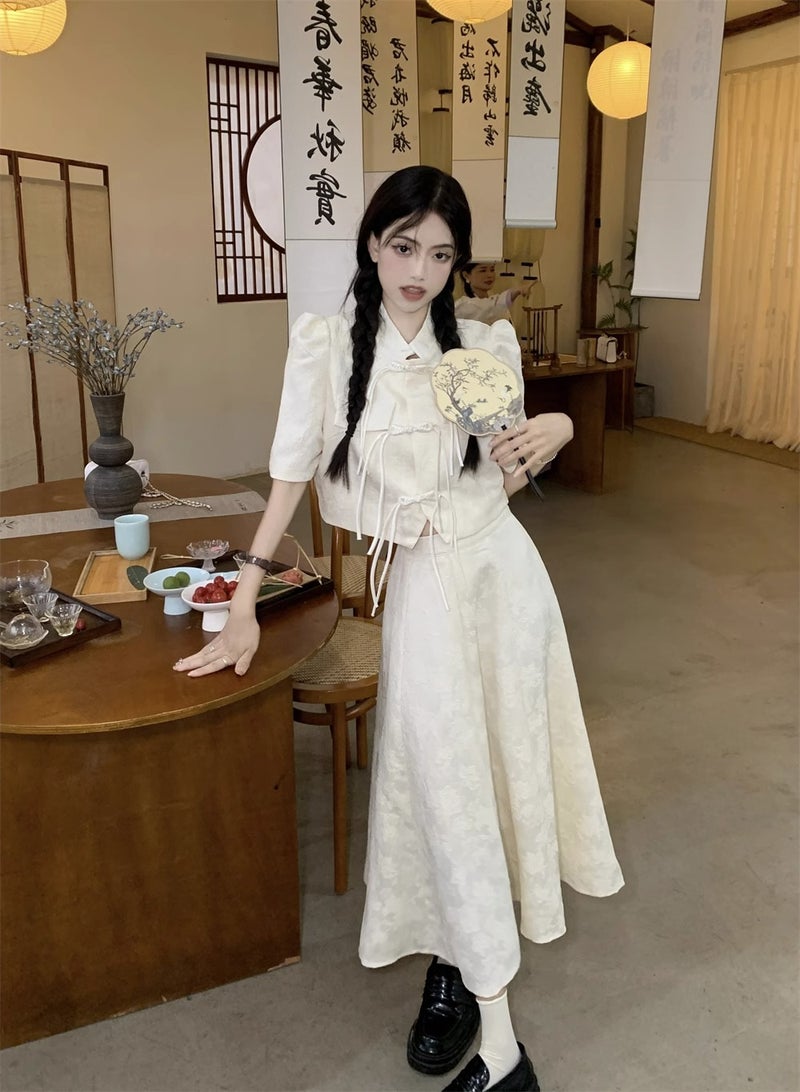 New Chinese Style Vintage suit Button Short Sleeve Shirt Womens Summer High Waist A- Line Skirt Chinese Style Two-Piece Skirt apricot Skirt