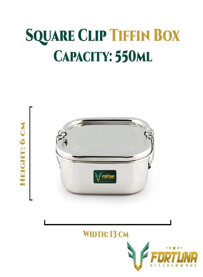 FORTUNA KITCHENWARE صندوق طعام للأطفال من الفولاذ المقاوم للصدأ من فورتونا كيتشنوير | صندوق غداء للأطفال والمكتب من الفولاذ المقاوم للصدأ | صفيحة فاصلة فولاذية ومشبك قفل | غطاء مناسب للأطفال، شكل مستطيل (مربع، متوسط) - Image 2