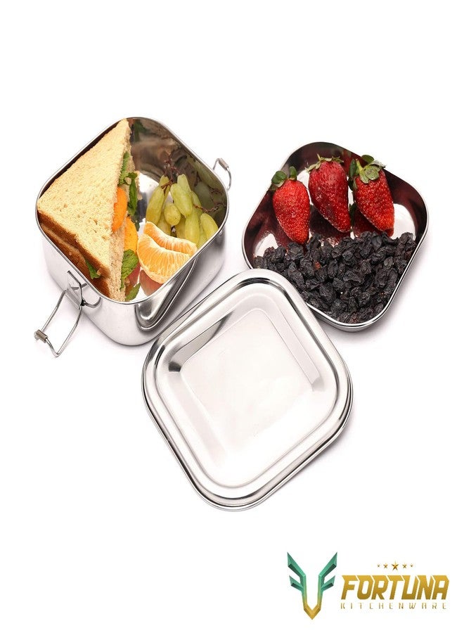FORTUNA KITCHENWARE صندوق طعام للأطفال من الفولاذ المقاوم للصدأ من فورتونا كيتشنوير | صندوق غداء للأطفال والمكتب من الفولاذ المقاوم للصدأ | صفيحة فاصلة فولاذية ومشبك قفل | غطاء مناسب للأطفال، شكل مستطيل (مربع، متوسط) - Image 4