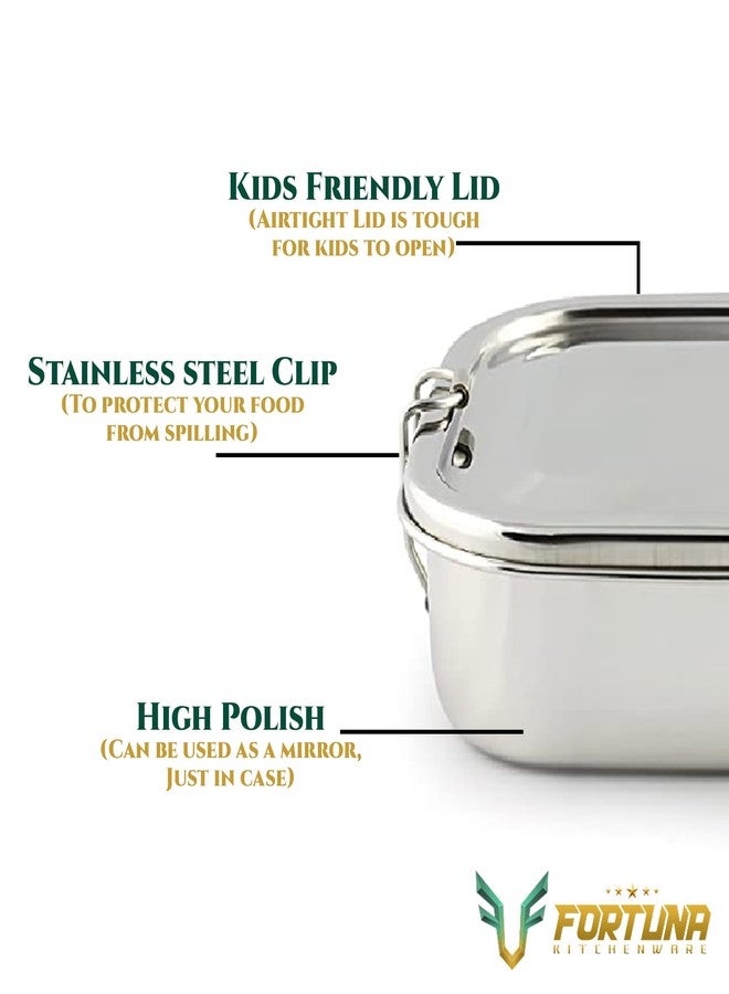 FORTUNA KITCHENWARE صندوق طعام للأطفال من الفولاذ المقاوم للصدأ من فورتونا كيتشنوير | صندوق غداء للأطفال والمكتب من الفولاذ المقاوم للصدأ | صفيحة فاصلة فولاذية ومشبك قفل | غطاء مناسب للأطفال، شكل مستطيل (مربع، متوسط) - Image 3