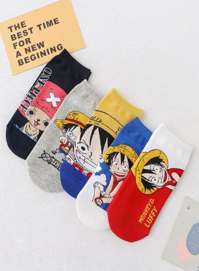جوارب لوفي قطعة واحدة من الرسوم المتحركة 5 أزواج من الجوارب غير المرئية جوارب منخفضة القطع للرجال والنساء - Image 1