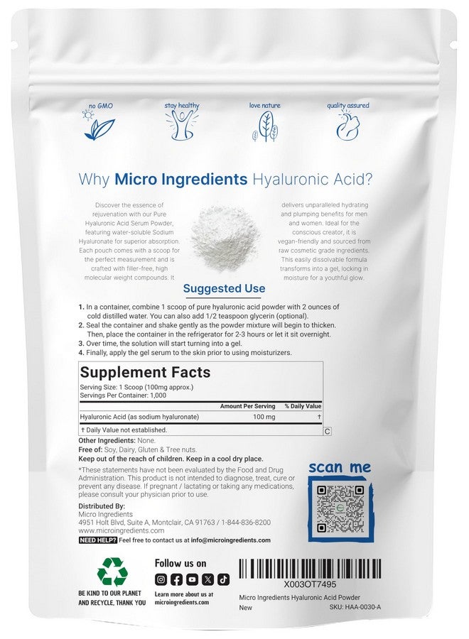 Micro Ingredients مسحوق سيروم حمض الهيالورونيك من مايكرو إينغريدينتس، 100 جرام | وزن جزيئي منخفض، درجة تجميلية | مكملات دعم ترطيب البشرة والرطوبة | نباتي، قابل للذوبان في الماء (خلال 2 ساعة) - Image 2