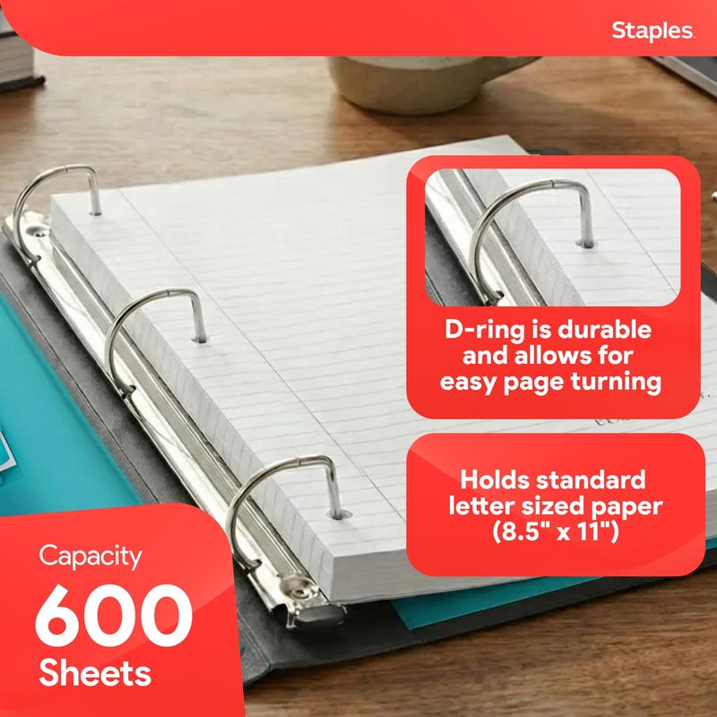 Staples Heavy-Duty 3-Inch D-Ring Binder, Teal â€“ Large Capacity 3-Ring Binder with Pockets, Holds Up to 600 Sheets - Image 3