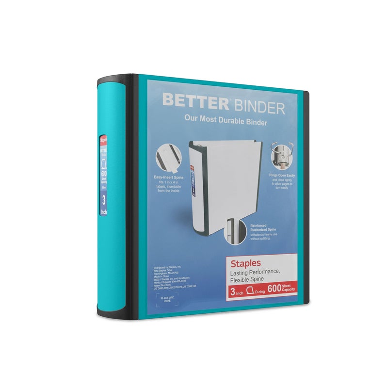 Staples Heavy-Duty 3-Inch D-Ring Binder, Teal â€“ Large Capacity 3-Ring Binder with Pockets, Holds Up to 600 Sheets - Image 1