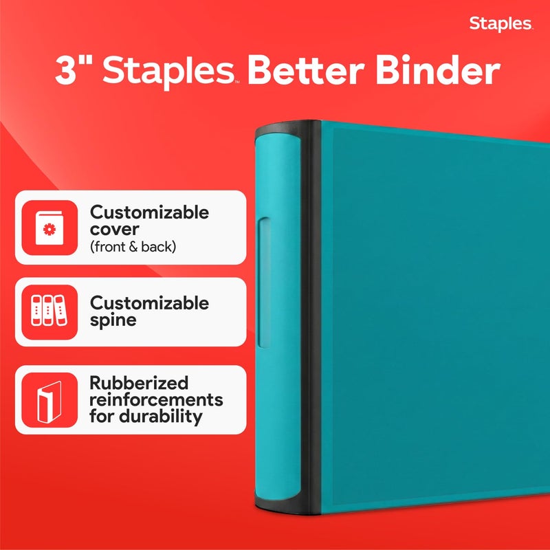 Staples Heavy-Duty 3-Inch D-Ring Binder, Teal â€“ Large Capacity 3-Ring Binder with Pockets, Holds Up to 600 Sheets - Image 2