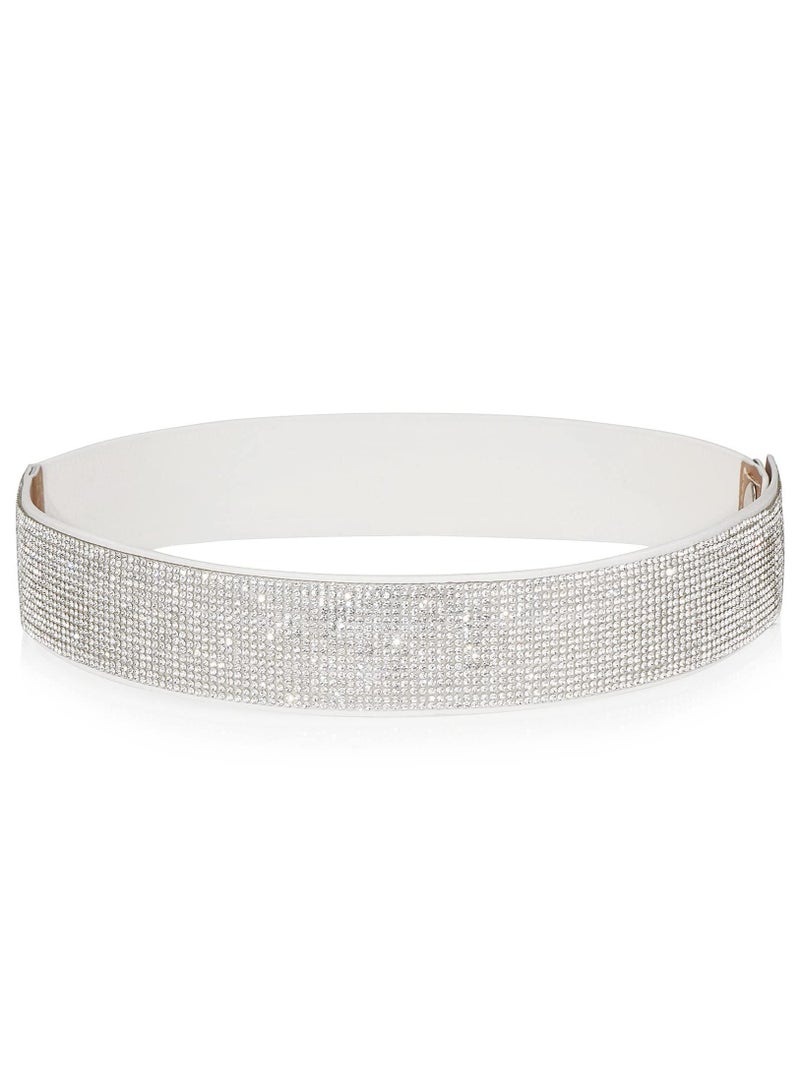 SOLARAE Rhinestone Elastic PU Leather Belt Shiny Crystal Stretch Waist Belt Wide Waist Band for Women Dress - Image 1