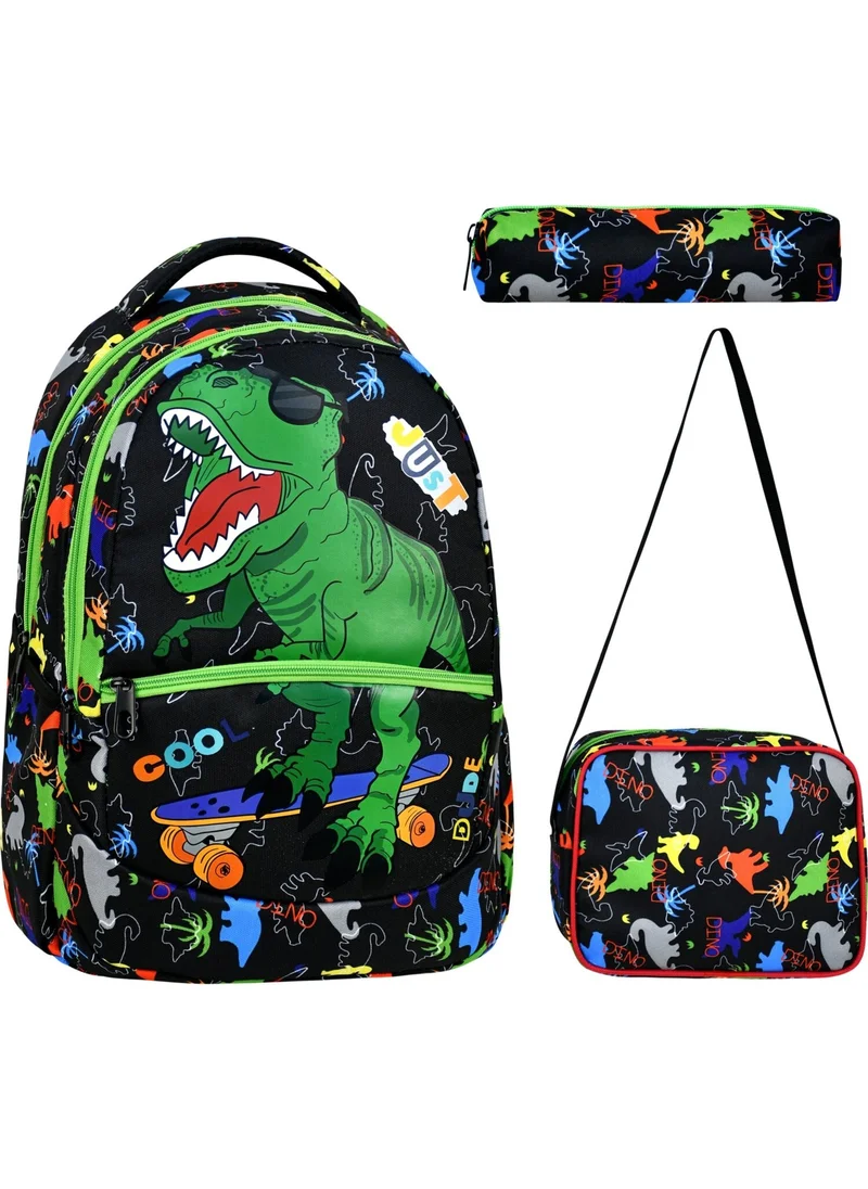 Çantaland 3-Pack Primary School Dinosaur Patterned School Bag with Lunch Box and Pencil Case for Boys