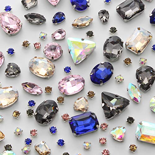 TANOSII Sew on Rhinestones 100 PCS Mixed Shapes Glass Rhinestones Sew on Crystal Gems Mental Flatback with Silver Claw for Jewelry Crafts Clothes Shoes Costume Garment Mixed Colors B