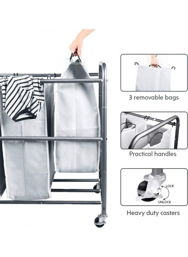 ROMOON Laundry Sorter, Laundry Basket Hamper 3 Section with Heavy Duty Rolling Lockable Wheels and Removable Bags, Laundry Organizer Cart for Dirty Clothes Storage, Grey - Image 3