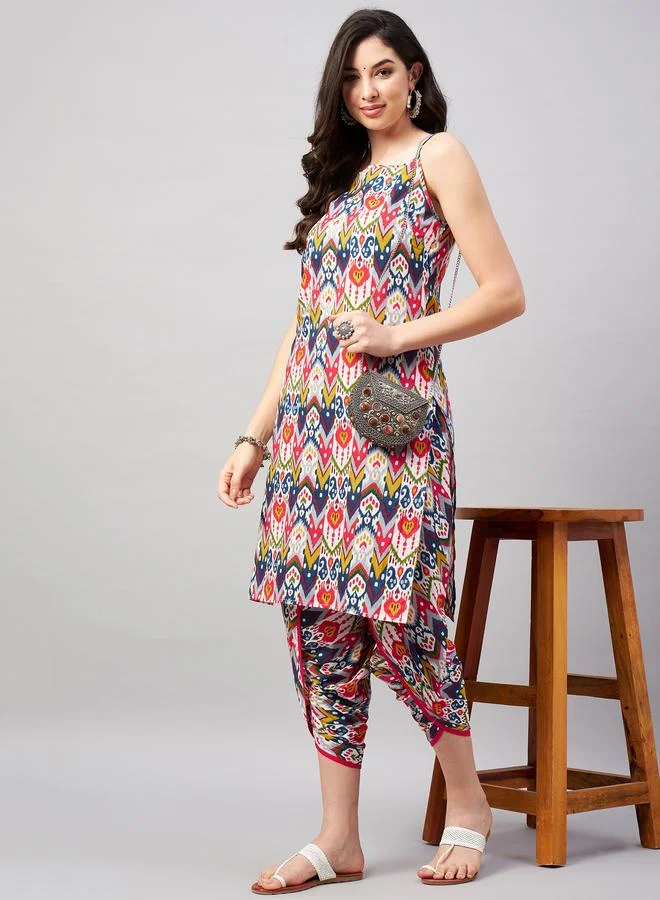 Winered Women Multicolor Printed Cotton Kurta Dhoti Pant Set