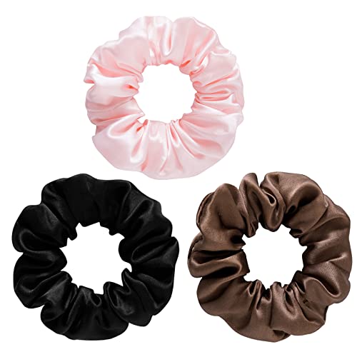 SOBONNY Silk Scrunchies for Women - 100% Mulberry Silk Hair Ties, 3 Pack, No Damage Elastic Ponytail Holders (Brown, Black, Pink) - Image 1