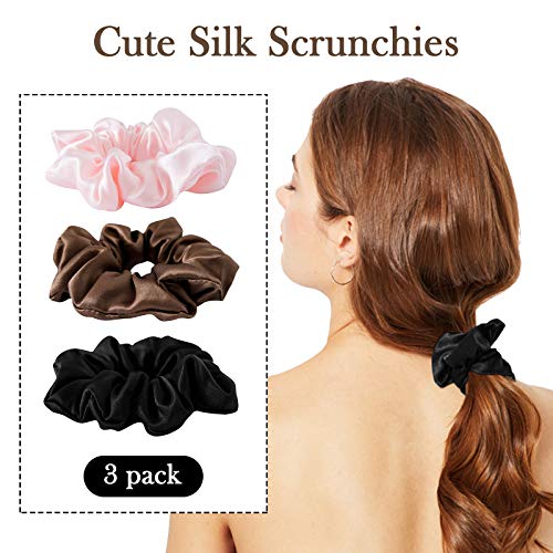 SOBONNY Silk Scrunchies for Women - 100% Mulberry Silk Hair Ties, 3 Pack, No Damage Elastic Ponytail Holders (Brown, Black, Pink) - Image 2