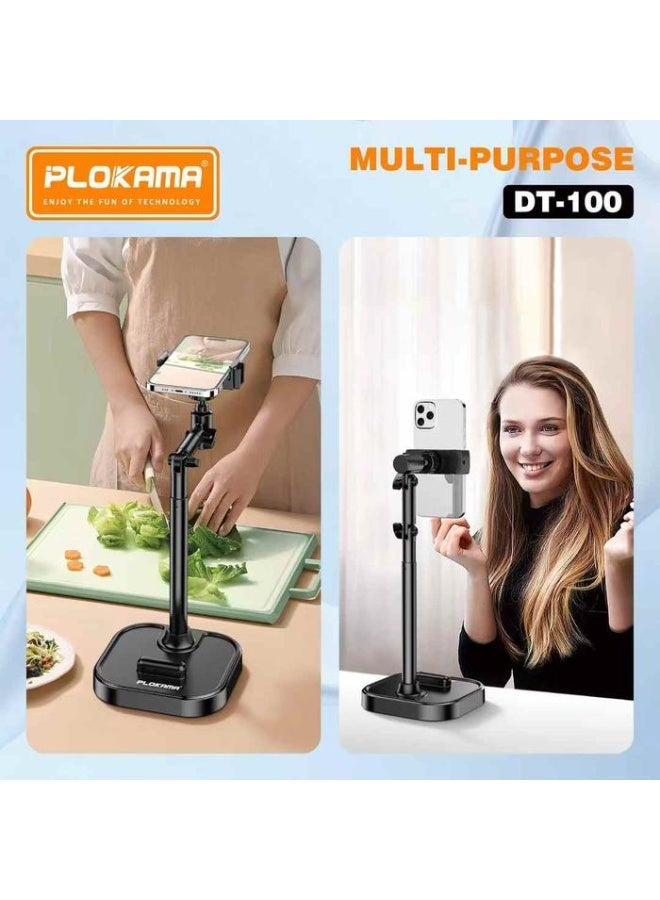 التخطيط حامل هاتف وجهاز لوحي منضدية Plokama DT-100 - حامل دوار قابل للتعديل بزاوية 360 درجة للعرض بدون استخدام اليدين - 22-41 سم - أسود - Image 2