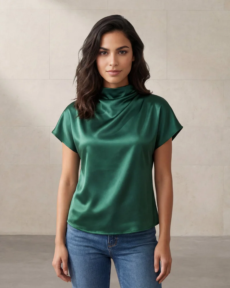 Redtag Women Green Satin High Cowl Neck Blouse