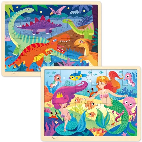 MoinKidz Wooden Puzzles for Kids Ages 35 2 Pack 24 Piece Puzzle for 3 Year Old Little Mermaid and Dinosaur Preschool Toddler Puzzles with Picture Underneath - Image 1