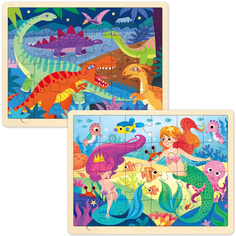 MoinKidz Wooden Puzzles for Kids Ages 35 2 Pack 24 Piece Puzzle for 3 Year Old Little Mermaid and Dinosaur Preschool Toddler Puzzles with Picture Underneath - Image 3