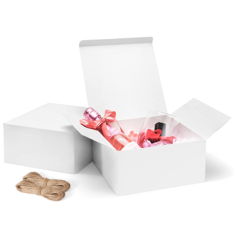 ValBox 8x8x4 Inches Gift Boxes 12 PCS White Paper Gift Boxes with Lids for Gifts Wedding Present Bridesmaid Proposal Box Birthday Party Favor Easy Assemble Box with 66ft Twine