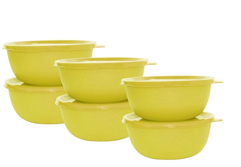 FlowAura FlowAura Microwave Safe Plastic Coated Stainless Steel Air Tight Serving and Storage Bowl with Lid Yellow Color Set of 6 Size 14 cm Capacity 400 ml Each Bowl  - Image 1