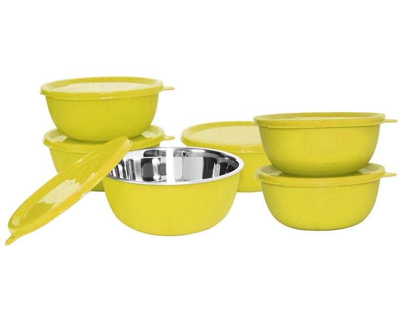 FlowAura FlowAura Microwave Safe Plastic Coated Stainless Steel Air Tight Serving and Storage Bowl with Lid Yellow Color Set of 6 Size 14 cm Capacity 400 ml Each Bowl  - Image 3