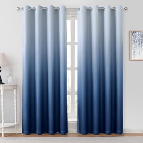 HOMEIDEAS ستائر منزلية أومبري زرقاء داكنة معتمة 52 × 84 بوصة طول تدرج غرفة مظلمة معزولة حرارياً موفرة للطاقة مع 2 لوحات علوية للنوافذ لغرفة المعيشة، غرفة النوم - Image 1