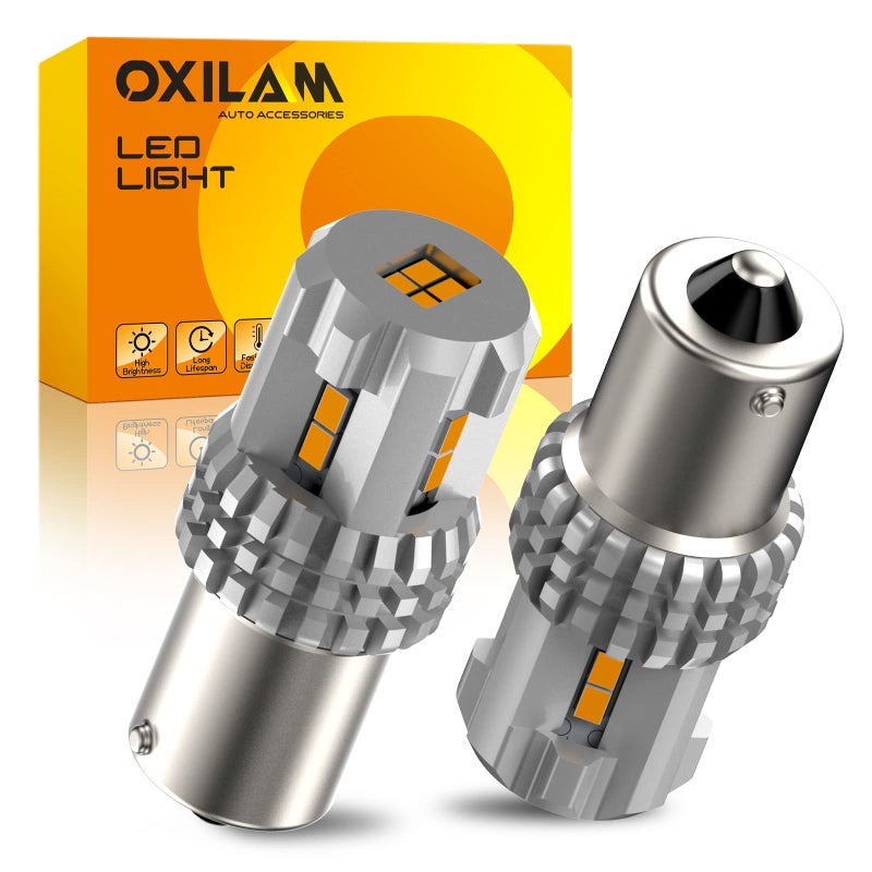 أضواء إشارة الانعطاف OXILAM 1156 LED لمبات صفراء كهرمانية 2200K ساطعة للغاية BA15S 1141 1003 7506 لمبات LED بقوة عالية 12 قطعة 3020SMD شريحة 2 عبوة