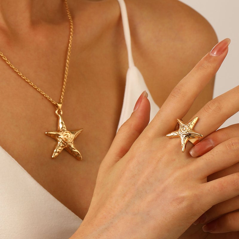 ofeankri European and American Cross-Border Jewelry: Sweet Cool Five-Pointed Star Pendant Necklace, Earrings, and Ring - Unique Retro Exaggerated Sea Star Accessories for Women - Image 1