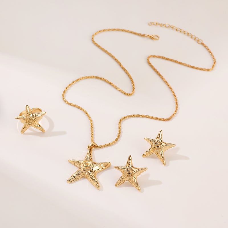 ofeankri European and American Cross-Border Jewelry: Sweet Cool Five-Pointed Star Pendant Necklace, Earrings, and Ring - Unique Retro Exaggerated Sea Star Accessories for Women - Image 3