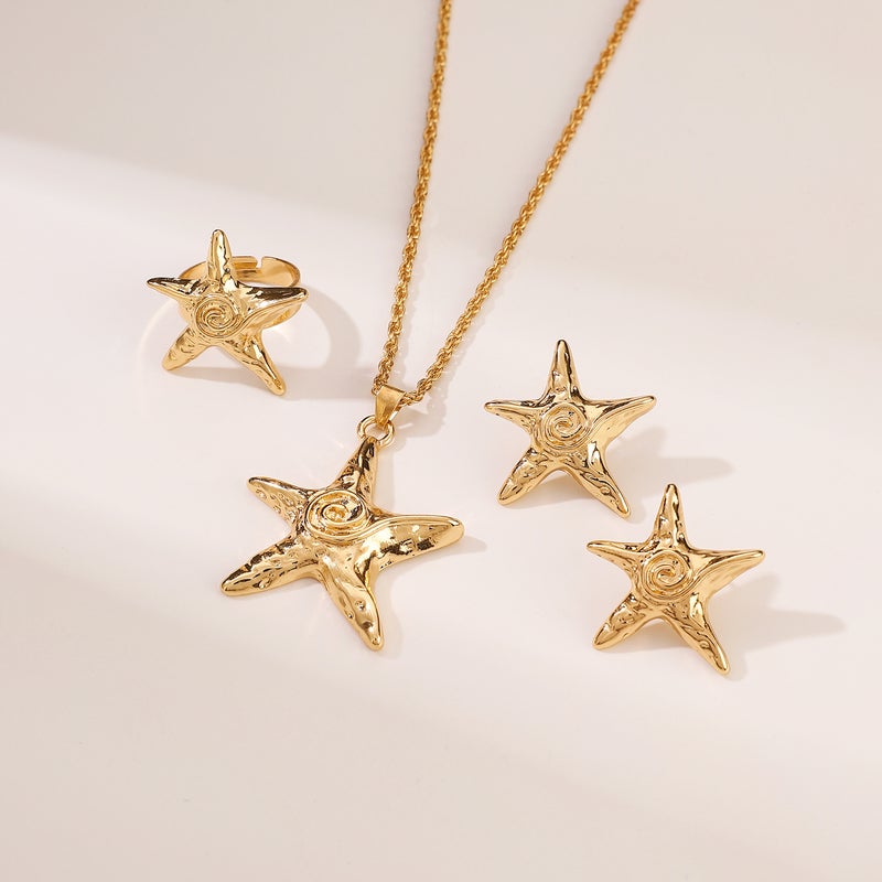 ofeankri European and American Cross-Border Jewelry: Sweet Cool Five-Pointed Star Pendant Necklace, Earrings, and Ring - Unique Retro Exaggerated Sea Star Accessories for Women - Image 2