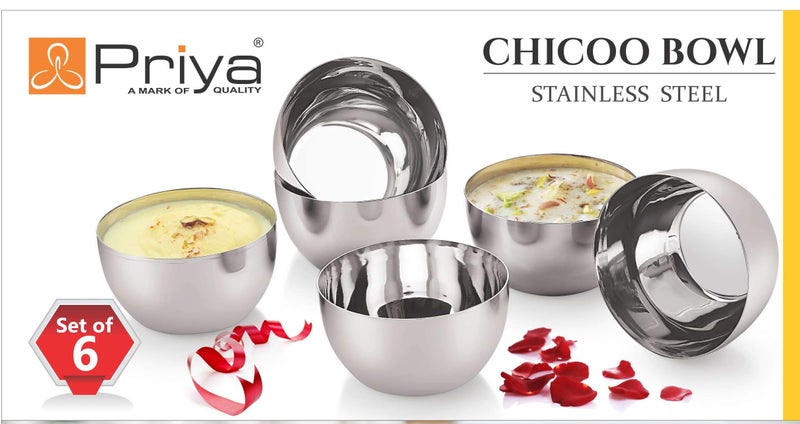 Priya Stainless Steel Set of 6 Bowls - Serving, Dessert, Curry, Soup Bowls (Wati, Vati, Katori), Small Size for Rice, Side Dishes, Kitchen & Dining, Solid, Durable, Rust-Resistant Design - Image 4