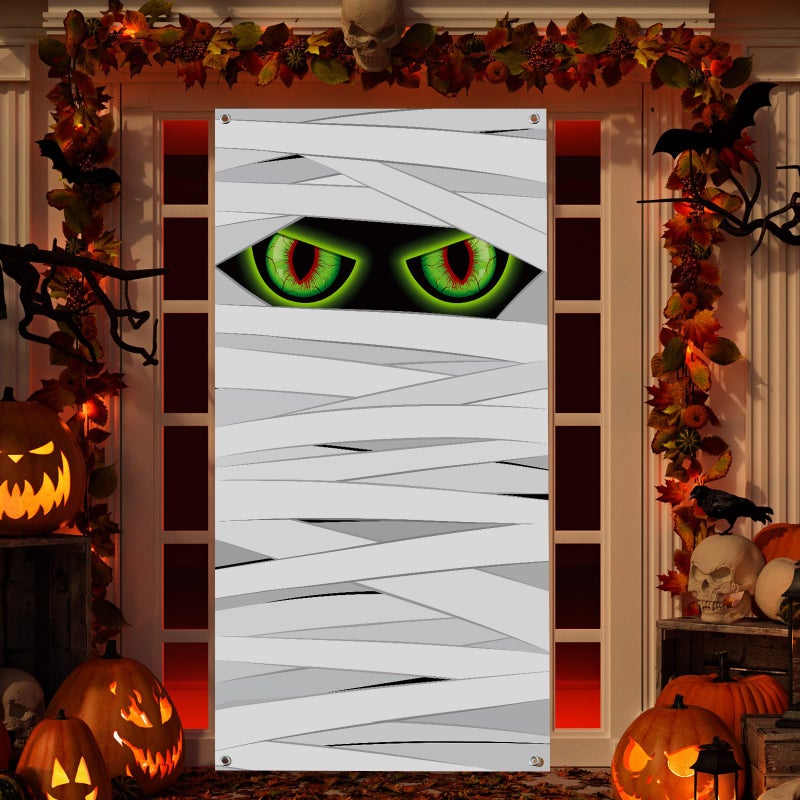 Panelee Halloween Door Cover Halloween Mummy Door Banner Decorations Large Fabric Scary Mummy Party Backdrop Decorations for Scary Holiday Party Front Porch Indoor Outdoor Supplies Decor - Image 1