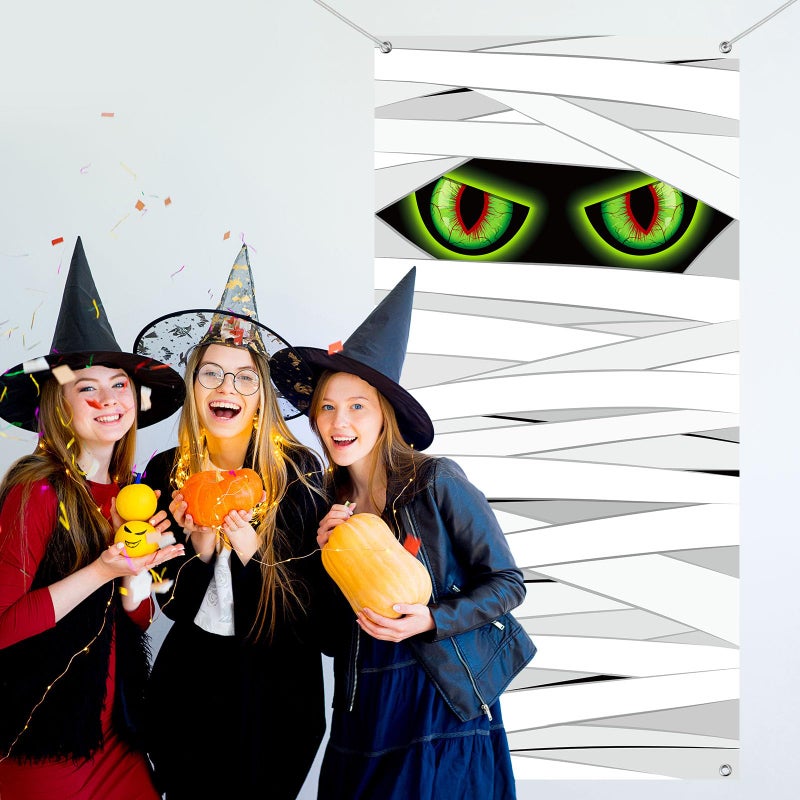 Panelee Halloween Door Cover Halloween Mummy Door Banner Decorations Large Fabric Scary Mummy Party Backdrop Decorations for Scary Holiday Party Front Porch Indoor Outdoor Supplies Decor - Image 4