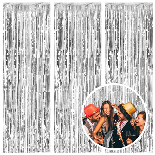 AMONE 3 Pack Silver Foil Fringe Backdrop Curtains Party Streamers Metallic Tinsel Birthday Backdrop Christmas Bachelorette New Year Engagement Graduation Disco Party Decorations Glitter Backdrop - Image 1
