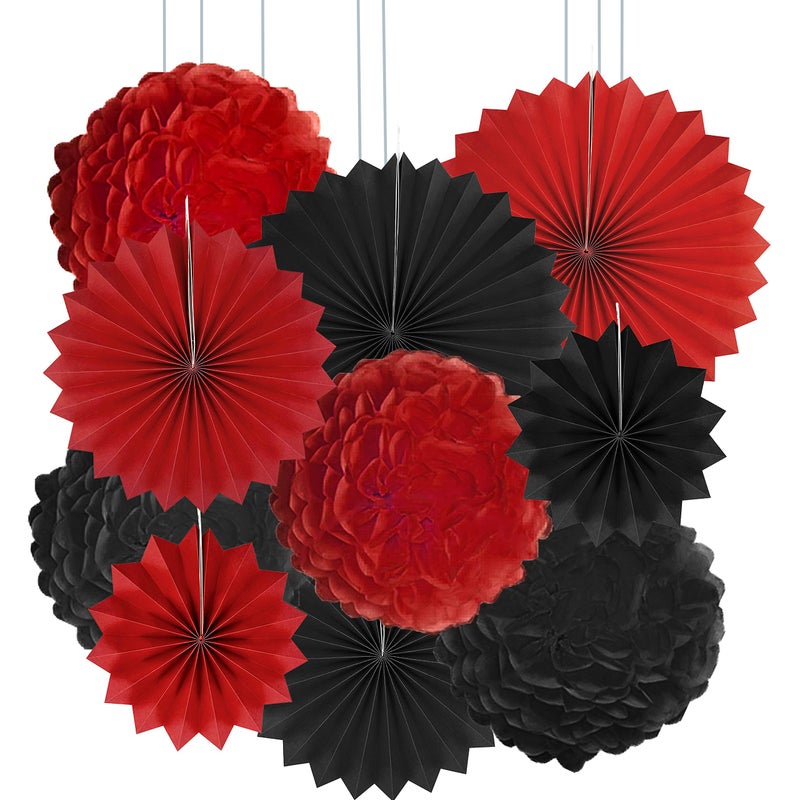 AWESON PARTY Black Red Casino Party Hanging Decorations - Viva Las Vegas Game Night Graduation Birthday Wedding Anniversary New Years Carnival Party Paper Fan Pom-Poms Flower Photo Booth Backdrops Decoration, 10pc - Image 5
