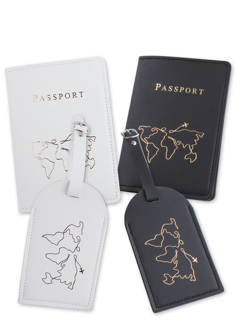 2 Pieces Passport Holder and 2 Pieces Luggage Tag Set,passport Holder Travel Suitcase Organizer Label Map PU Leather Id Bag Luggage Tag Set for Storing Passport Business Card Credit Card Boarding Pass  - Image 1