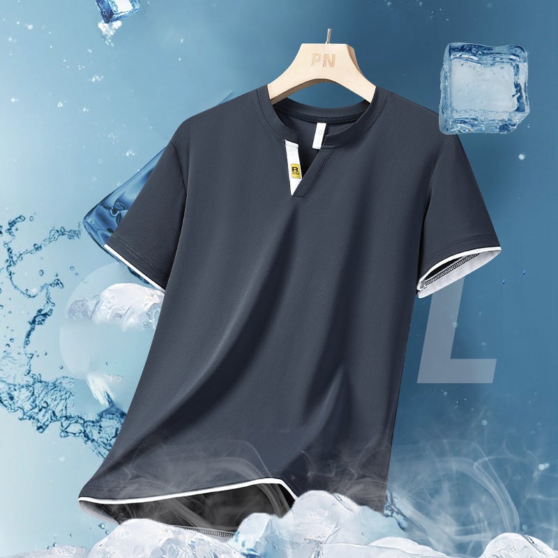 2025 Men'S Ice Silk V-Neck T-Shirt Summer Fashion Versatile Short-Sleeve Quick-Dry Cool T-Shirt Sports Home Half-Sleeve T-Shirt - Image 2