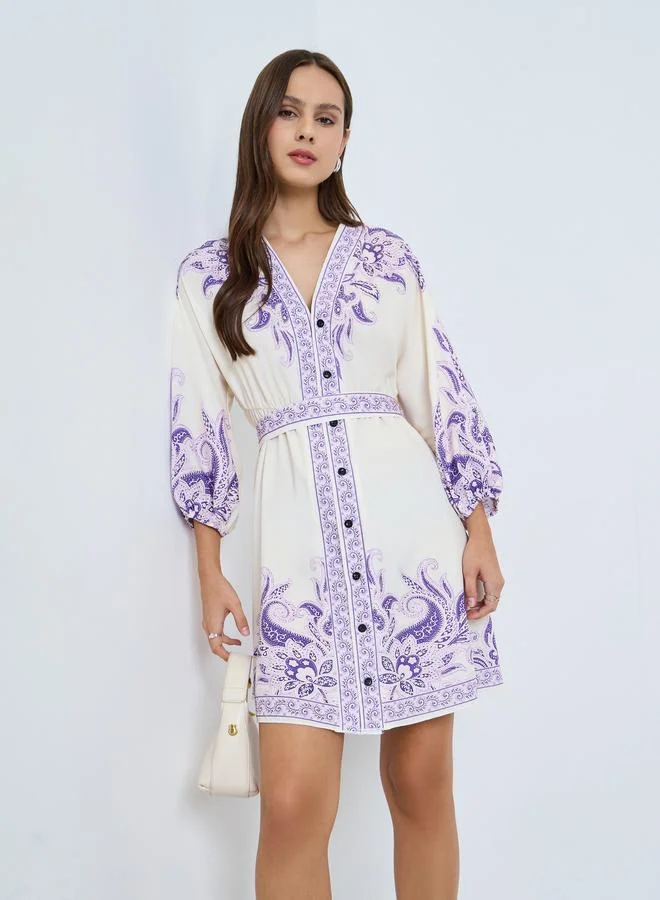 Take Two Floral Printed Fitted Waist Buttoned Mini Dress