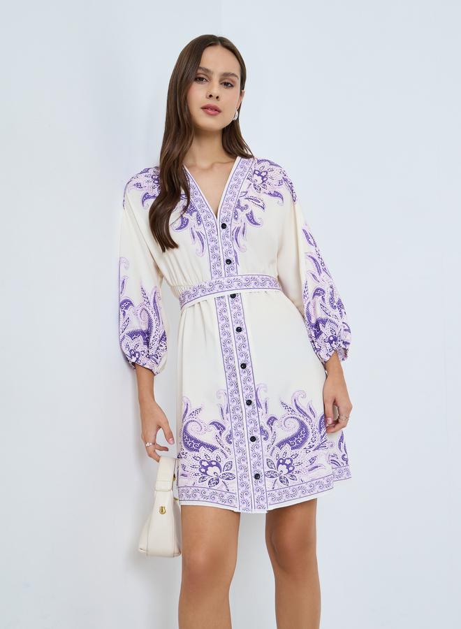 Take Two Floral Printed Fitted Waist Buttoned Mini Dress - Image 1