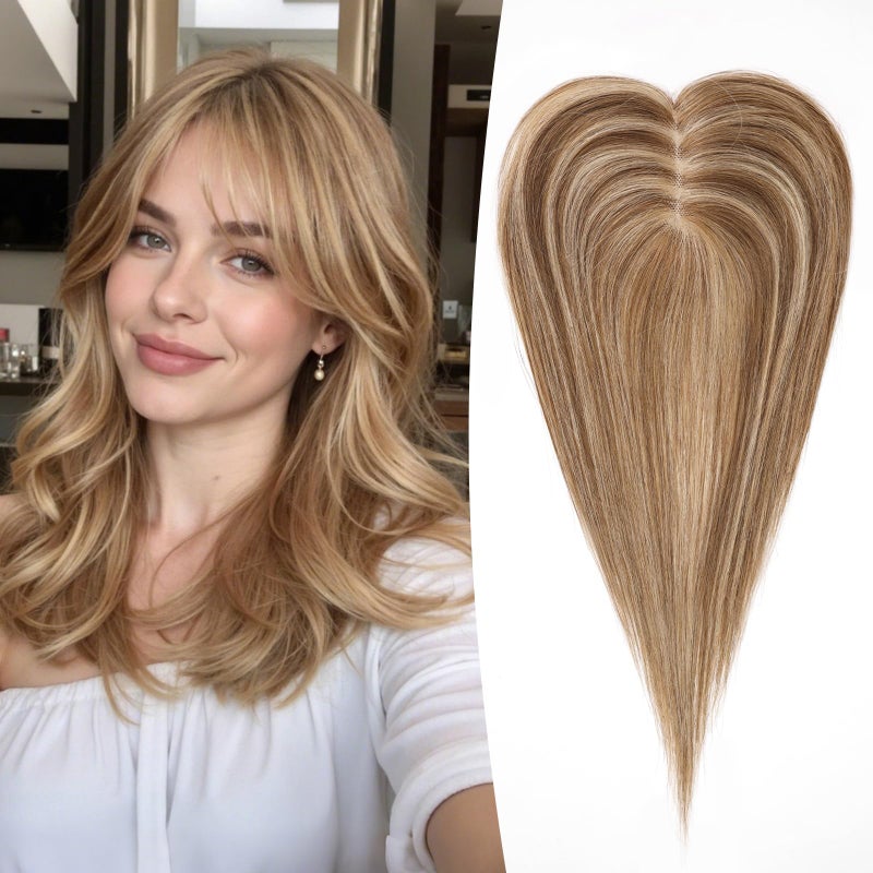 EMMOR 14 Inch Human Hair Topper for Women with 4 Ã— 5 Inch Hand-Tied Base, 100% Real Hair Topper with 4 Non-Slip Clips, Natural Looking Hairpieces for Thinning Hair(Blonde Mixed Brown) - Image 1
