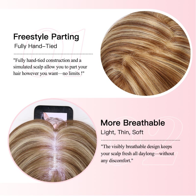EMMOR 14 Inch Human Hair Topper for Women with 4 Ã— 5 Inch Hand-Tied Base, 100% Real Hair Topper with 4 Non-Slip Clips, Natural Looking Hairpieces for Thinning Hair(Blonde Mixed Brown) - Image 2