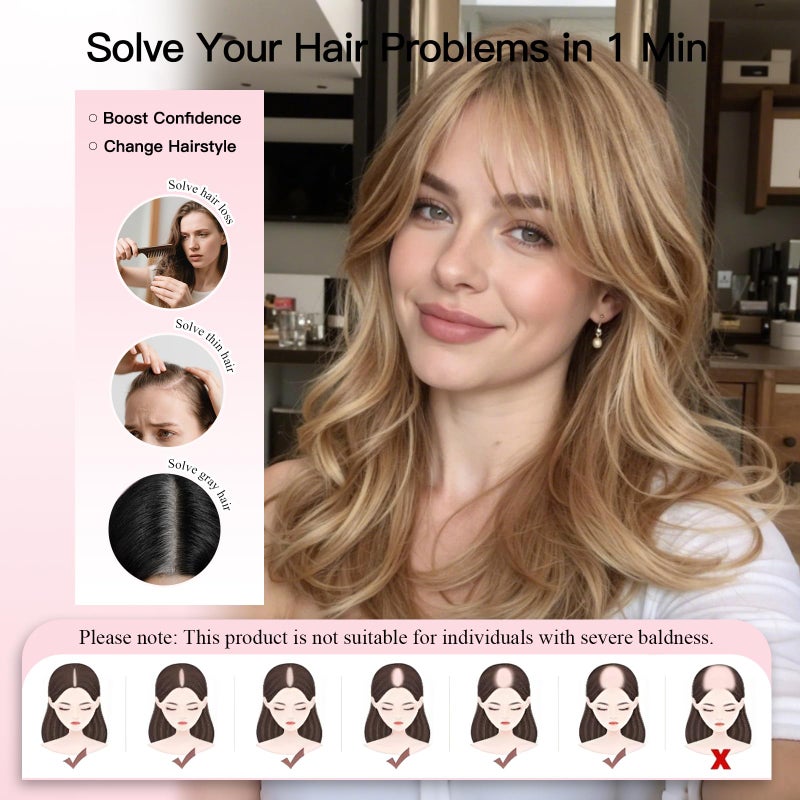 EMMOR 14 Inch Human Hair Topper for Women with 4 Ã— 5 Inch Hand-Tied Base, 100% Real Hair Topper with 4 Non-Slip Clips, Natural Looking Hairpieces for Thinning Hair(Blonde Mixed Brown) - Image 5