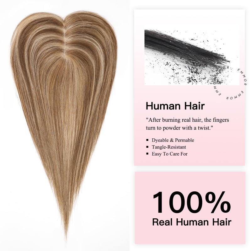 EMMOR 14 Inch Human Hair Topper for Women with 4 Ã— 5 Inch Hand-Tied Base, 100% Real Hair Topper with 4 Non-Slip Clips, Natural Looking Hairpieces for Thinning Hair(Blonde Mixed Brown) - Image 4