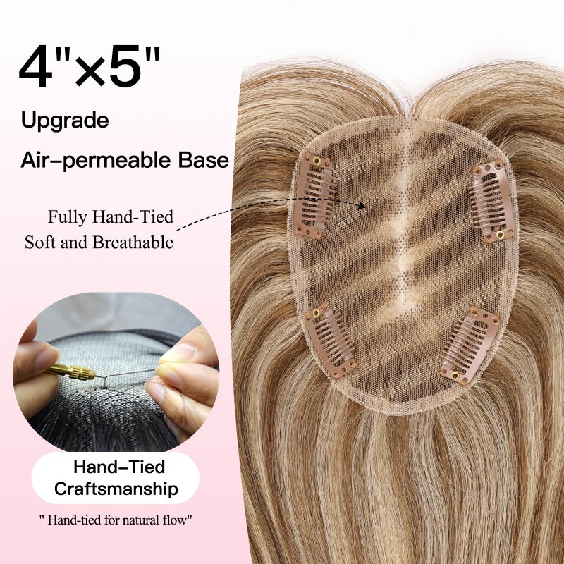EMMOR 14 Inch Human Hair Topper for Women with 4 Ã— 5 Inch Hand-Tied Base, 100% Real Hair Topper with 4 Non-Slip Clips, Natural Looking Hairpieces for Thinning Hair(Blonde Mixed Brown) - Image 3