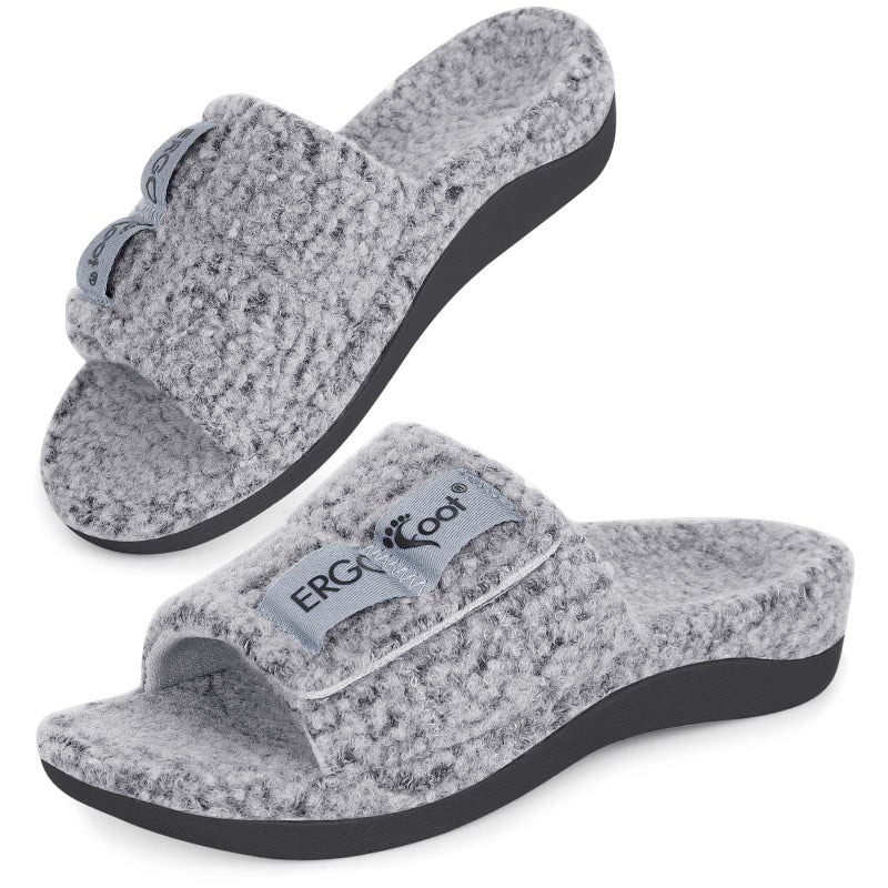 ERGOfoot Fuzzy House Slippers with Arch Support for Women Men, Orthopedic Slide Slippers for Plantar Fasciitis Open Toe Indoor House Shoes with Adjustable Straps, Foot Pain Relief/Grey - Image 1