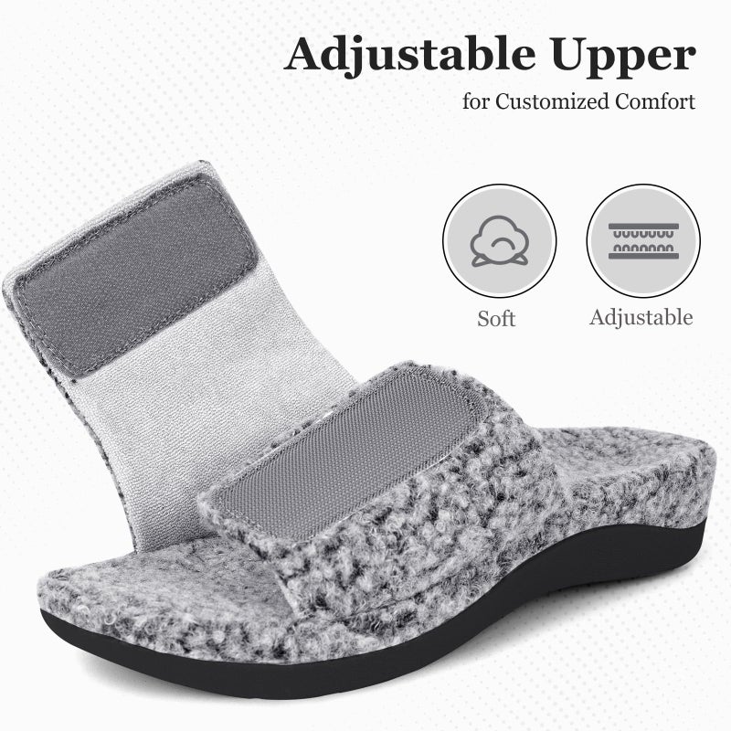 ERGOfoot Fuzzy House Slippers with Arch Support for Women Men, Orthopedic Slide Slippers for Plantar Fasciitis Open Toe Indoor House Shoes with Adjustable Straps, Foot Pain Relief/Grey - Image 5