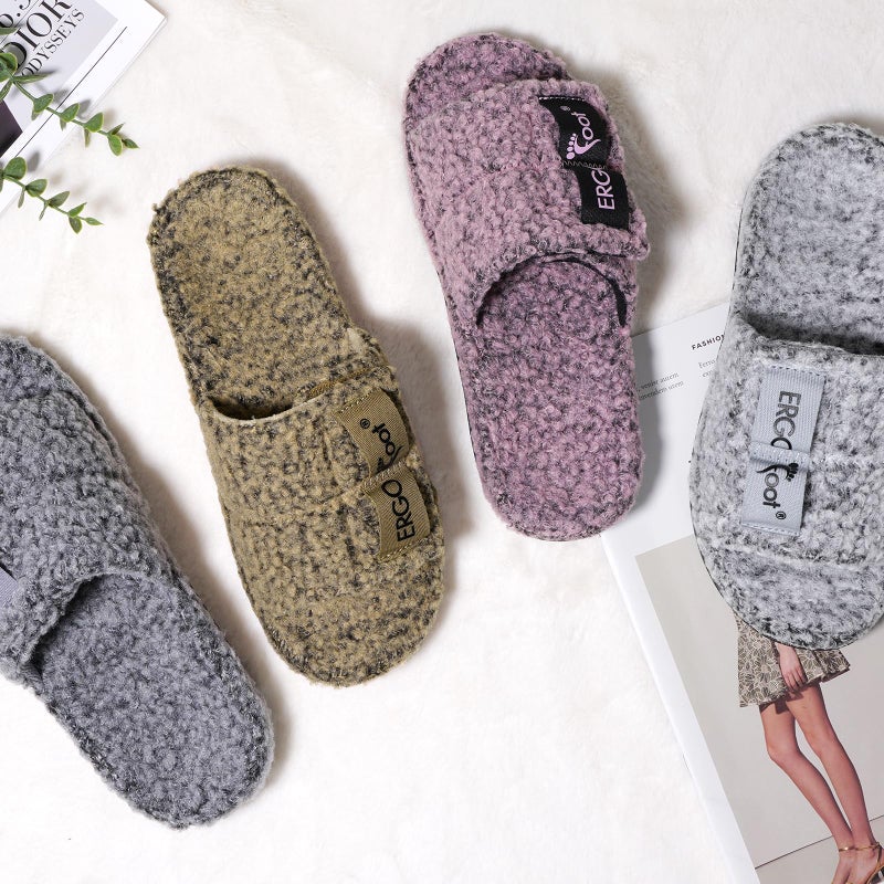 ERGOfoot Fuzzy House Slippers with Arch Support for Women Men, Orthopedic Slide Slippers for Plantar Fasciitis Open Toe Indoor House Shoes with Adjustable Straps, Foot Pain Relief/Grey - Image 2
